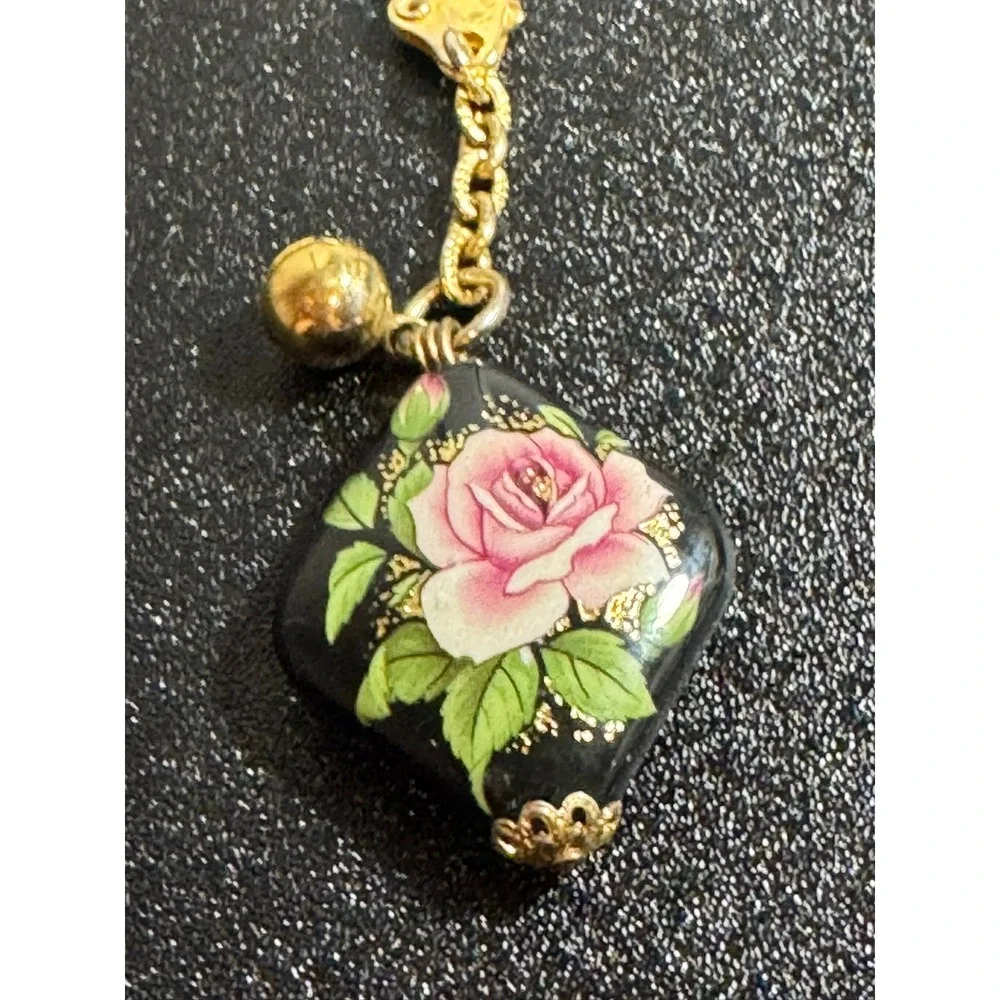 Dainty‎ Rose Charm Keychain Gold Tone Bell Floral Art Black Enamel Pendant
